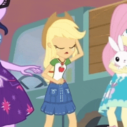 applejack from my little pony equestria girls is standing next to a rabbit