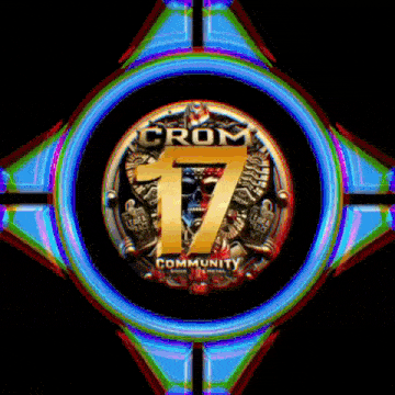 a colorful logo for crom 17 community with a skull in the center