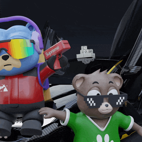 two teddy bears are standing next to each other with one wearing sunglasses and holding a supreme gun