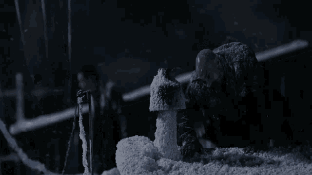 a man with a beard is kneeling in the snow
