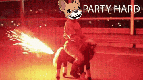 a pixel art of a person riding a pony with the words party hard written in white