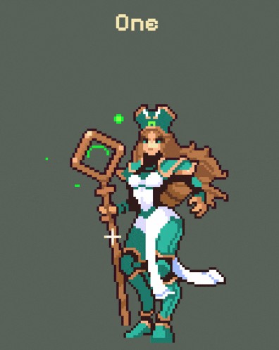 a pixel art of a woman holding a cane with the words " one dl please " below her
