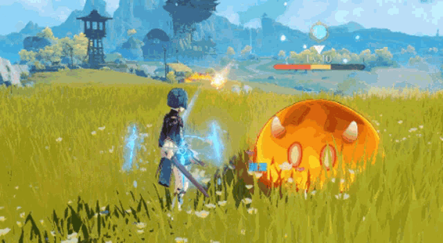 a video game character is fighting a slime with a blue circle around it that says fang