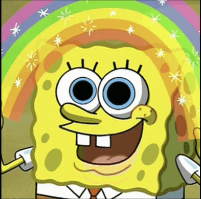 a cartoon of spongebob squarepants with a rainbow in the background