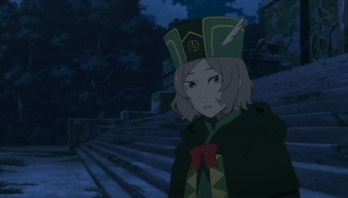 a woman in a green hat with a feather on it is waving