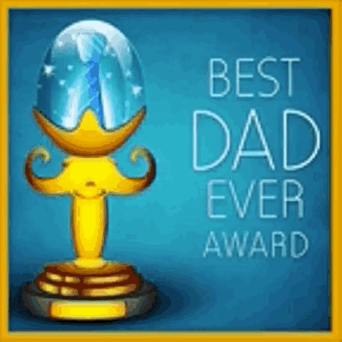 a trophy with a mustache and a globe on top of it that says `` best dad ever award '' on a blue background .