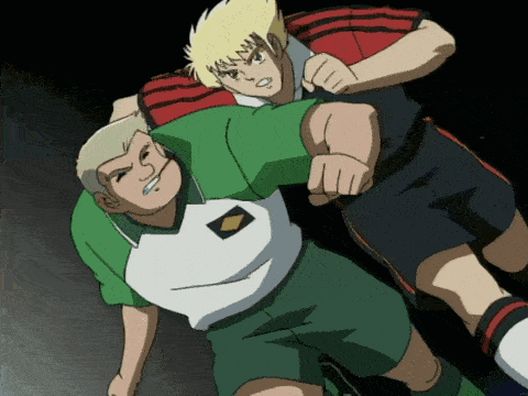 a cartoon of two soccer players fighting with one wearing a white shirt with a diamond on it