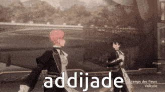 a couple of anime characters standing next to each other with the word addijade written on the bottom