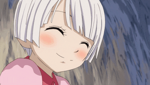 a girl with white hair and a pink shirt smiles