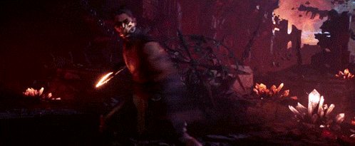 a video game scene with a man laying on the ground with a sword in his hand