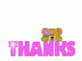 a teddy bear with a flower on his head is sitting next to the word thanks .