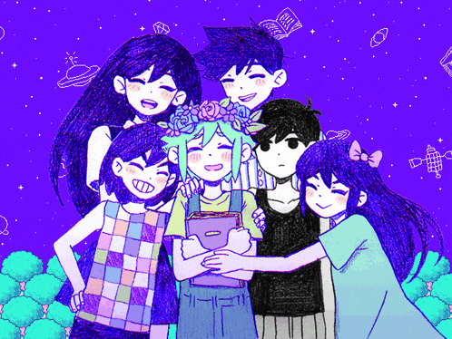 a group of anime characters posing for a picture with one girl wearing a wreath of flowers