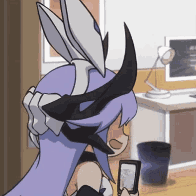 a cartoon character with purple hair and horns holding a cell phone