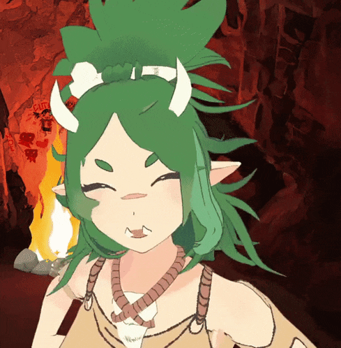 a cartoon character with green hair and horns is standing in a cave