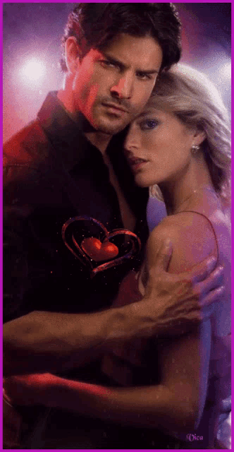 a man and a woman are hugging with a purple frame around them