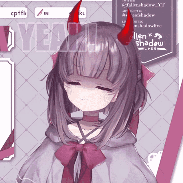 a girl with purple hair and red horns has fallen shadow written on the bottom