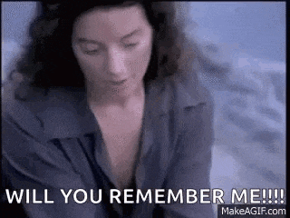 a woman in a purple shirt is saying `` will you remember me ! ''