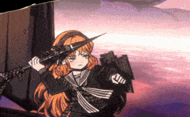 a girl with red hair is holding a sword