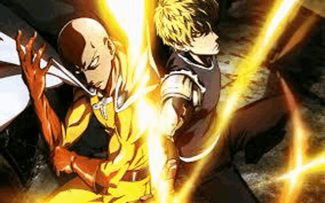 two anime characters , one punch man and genos , are fighting with swords .