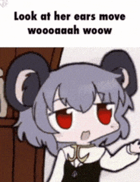 a cartoon of a girl with red eyes and the words look at her ears move woooaaah woow