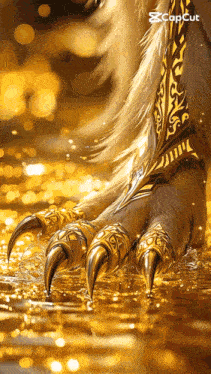 a close up of a lion 's paw with gold claws