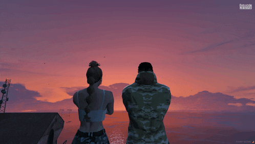 a man and a woman are standing in front of a sunset in a video game called grand theft auto