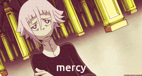 a cartoon character with the word mercy on the bottom right