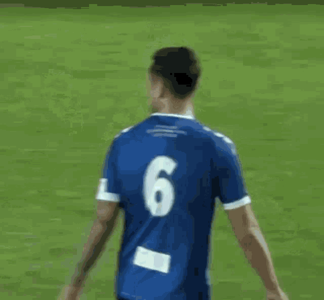 a man wearing a blue soccer jersey with the number 6 on it is walking on a field .