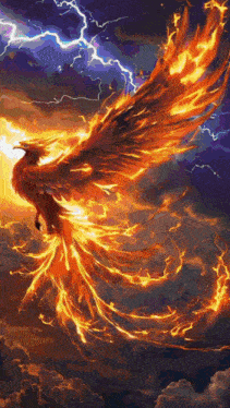 a painting of a phoenix flying through the air with lightning in the background .