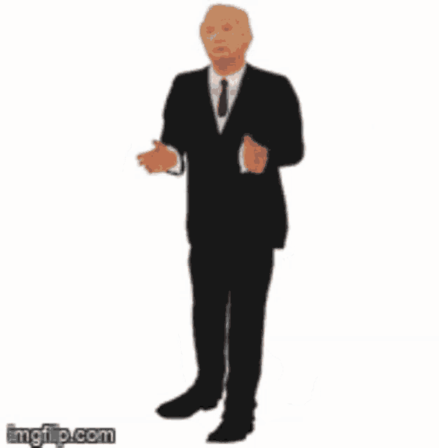 a man in a suit and tie is walking across a white background