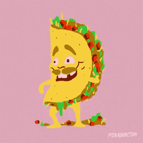 a cartoon drawing of a taco with a mustache on a pink background by fdxadhd.com
