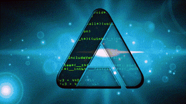 a blue background with a black triangle in the middle and green letters on it
