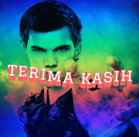 a man with a rainbow background and the words terima kasih written in red