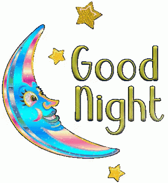 a colorful crescent moon with a face and the words " good night "
