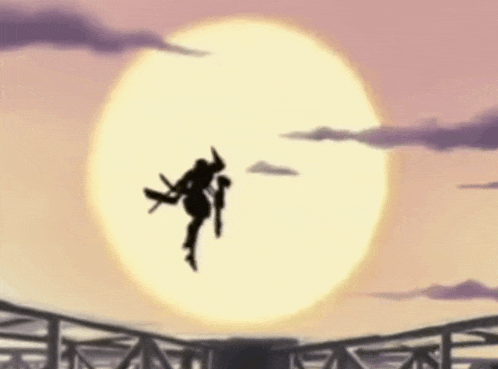 a silhouette of a person flying through the air with a sword in their hand .