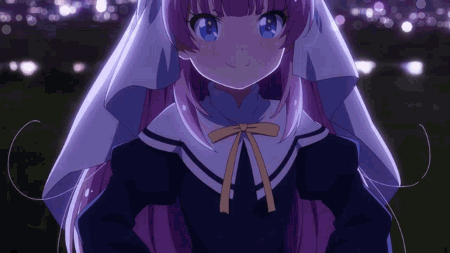 a girl with purple hair and blue eyes is wearing a nun 's hat