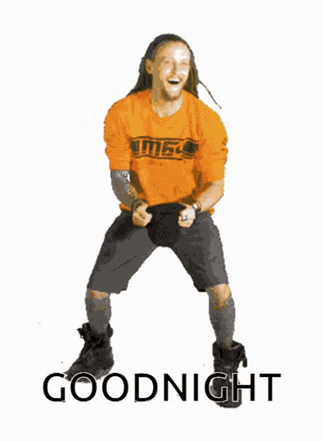 a man with dreadlocks is jumping in the air with the words goodnight written below him