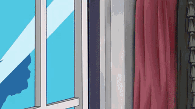 a drawing of a window with a red curtain