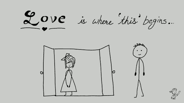 a stick figure drawing of a man and a woman with the words love is where this begins