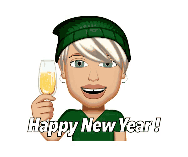 a woman in a green hat is holding a glass of champagne and the words happy new year are below her