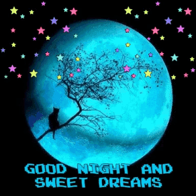 a cat is sitting on a branch in front of a full moon with the words good night and sweet dreams