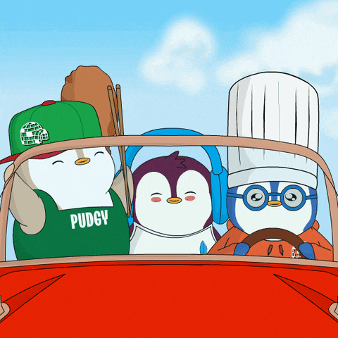 three penguins are riding in a red car and one of them is wearing a green shirt that says pudgy