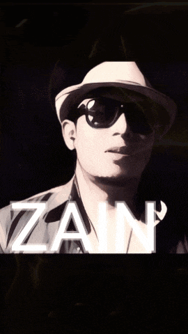 a man wearing a hat and sunglasses with the name zain written below him