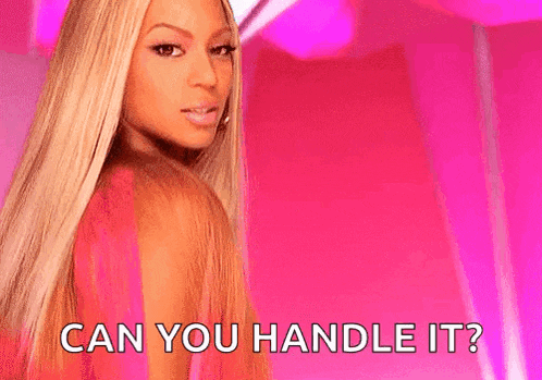 a woman with blonde hair is standing in front of a pink background and asking can you handle it .