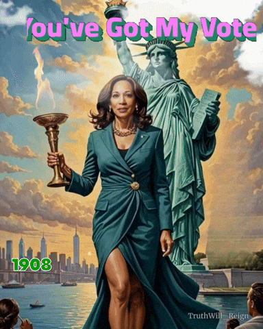 a woman in a green dress holds a torch in front of a statue of liberty