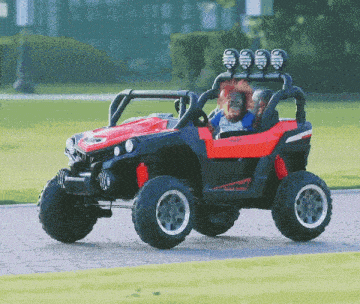 a red and black atv with a monkey in the back