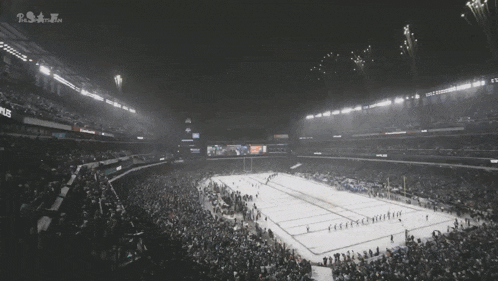 a hockey game is being played in a stadium with fireworks in the sky