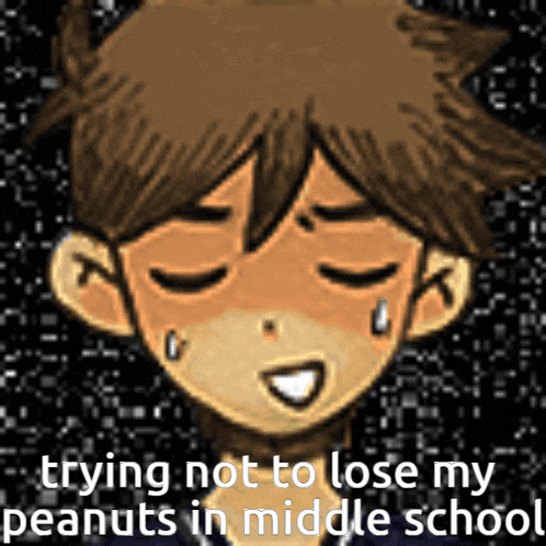 a cartoon of a boy with tears on his face and the words trying not to lose my peanuts in middle school