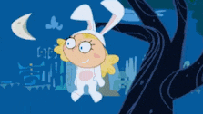 a cartoon girl in a bunny costume is hanging from a tree branch