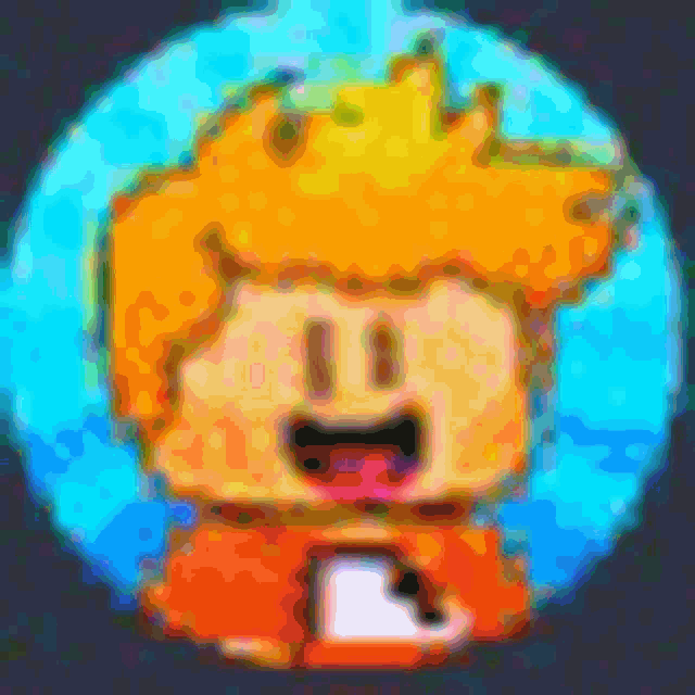 a pixel art drawing of a boy with a crown on his head and a smile on his face .